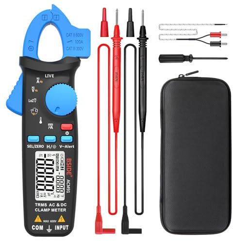 BSIDE DC Amp Clamp Meter 1mA Current True RMS Auto-Ranging 6000 Counts Digital Ammeter Hz Temperature Capacitance Live Check V-Alert Low Impedance Voltage Tester with Back Clip
