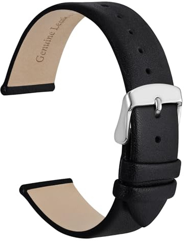 WOCCI 18mm Lug Width, Elegant Watch Band, Genuine Leather Replacement Strap with Silver Buckle (Black)