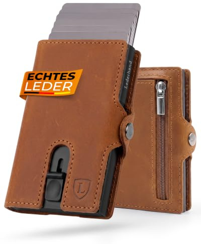 Lederhand® Aventus Wallet – Premium Leder Geldbörse handgemacht für Herren und Damen Portemonnaie Aluminium Kartenhalter mit Münzfach und Platz für 9 Karten mit RFID NFC Schutz Farbe|(Hellbraun)