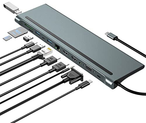 USB-C-Dockingstation, 12-in-1-USB-C-Hub, 3 Monitor Typ C auf 4K Dual HDMI+VGA-Adapter, Laptop-Dockingstation Multiport 87W PD, USB3.0 SD/TF RJ45 Audio für HP/MacBook/Dell/Lenovo-Laptops