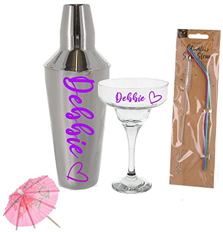 Personalised Cocktail Mixer Shaker Set With Matching Margarita Glass (Full Set)