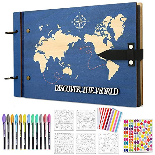 ZEEYUAN Holz Fotoalbum zum Selbergestalten Weltkarte Scrapbook Album 60 Schwarze Seiten Fotobuch mit Zubehör Set
