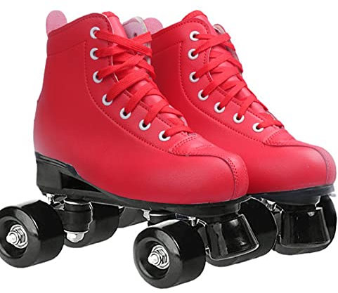XVBVS Damen Rollschuhe, Fashion Red Zweireihige Skates, Indoor und Outdoor PU Leder High-Top Quad Rollschuhe für Anfänger Erwachsene Kinder Damen Mädchen (41,Schwarz)
