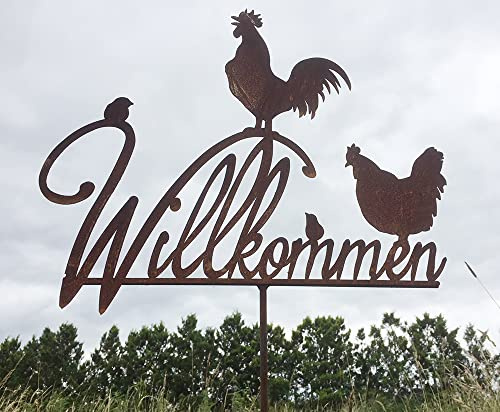 Willkommen mit Hühner 50x40cm Gartenstecker Edelrost Gartendeko Rost Metall Rostfigur Geflügel Huhn Hahn Küken von Steinfigurenwelt