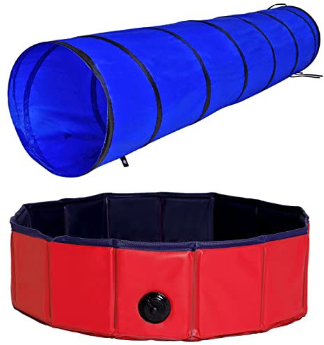 lionto Hundetunnel Agilitytunnel (200 x 40 cm) mit Hundepool Faltbarem Planschbecken (80 x 20 cm)