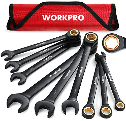 WORKPRO 9-Piece Anti-Slip Ratcheting Combination Wrench Set, SAE 1/4-3/4, 72-Teeth, Cr-V Constructed, Black Ratchet Wrenches Set with Roll Up Pouch