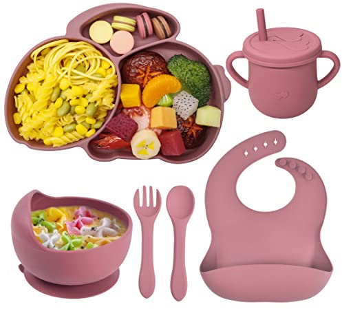 Baogaier Vajilla Bebé Silicona con Plato Ventosa Cuenco Cuchara Tenedor Taza Babero, 6 Piezas Set Antideslizante Sin BPA Antivuelco Cubiertos Aprendizaje para Infantil Niñas, Rosa Conejo
