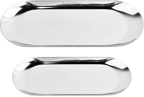 Vassoio ovale (2 pezzi) in acciaio inox, vassoio decorativo, vassoio ovale, vassoio portaoggetti, per dolci, cosmetici, candele, frutta, 2 misure (argento)