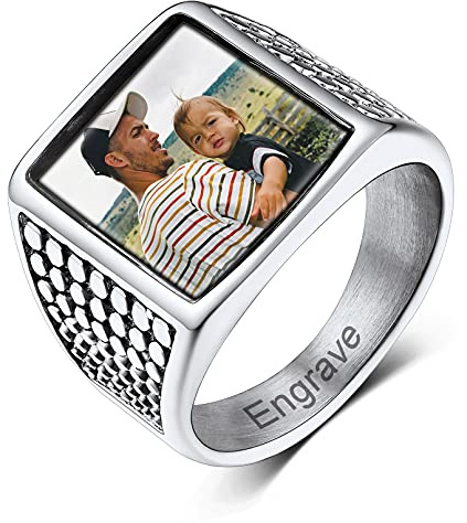 Custom4U Personalisierter Siegelring Herren Edelstahl mit Farbbild/Schwarzes Bild Gravur Memorial Männer Jungen Ehering Verlobungsring Silber/Schwarz/Gold Ringgröße 54.4(17.25)-72.3(22.75)