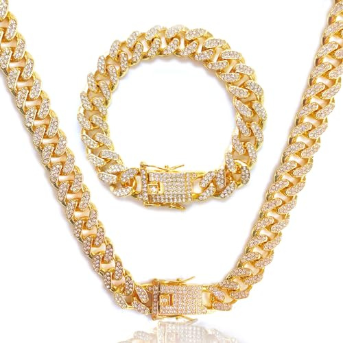 LOCCY 12 MM Iced Cuban Link Chain for Men, Unisex Miami Style Punk Choker Necklace with Rhinestone Bling Diamonds, Lobster Clasp (Gold, 50)
