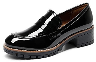 Dream Pairs Mocasines de tacón Grueso con Plataforma para Mujer, Zapatos Casuales de Negocios para Mujer, Negro (Black Pat), 41 EU