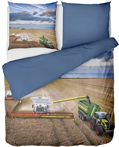 LINKHOFF Claas Bettwäsche 135x200 2teilig - 100% Baumwolle - Mähdrescher Bettwäsche LEXION Renforce - Landmaschinen - Kissenbezug 80x80 & Bettbezug 135x200