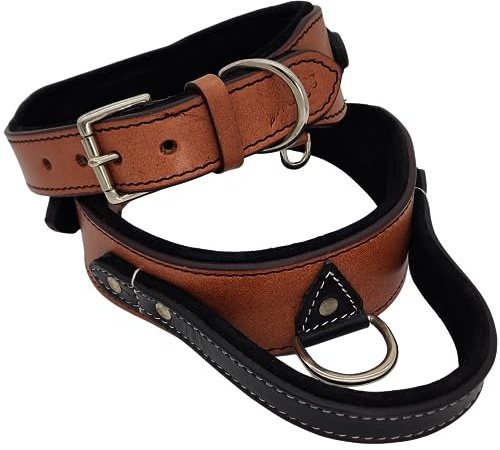 Blazing Paws Helvington taktisches Hundehalsband mit Griff, 5,1 cm breit, robust, aus hochwertigem genarbtem Leder mit weicher Wildleder-Polsterung, für große Hunde (Größe XL: Halsumfang 50,8–58,4 cm,