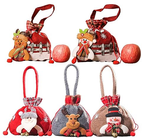 Hilai Beutel mit Kordelzug, Puppenbeutel, 5 Stück, Weihnachts Geschenkbeutel mit Kordelzug, Weihnachtsmann, Schneemann, Elch, Stoff, Weihnachts Süßigkeitsbeutel für Partygeschenke