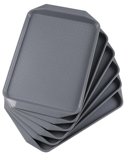 Vareone Set of 6 Anti Slip Food Serving Trays with Handles, Plastic Trays for Eating Dinner & Drinks (Grey)
