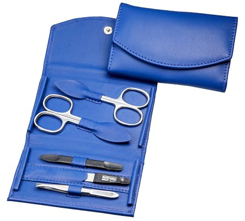Hans Kniebes Maniküre Set 5-teilig Kobaltblau – Nagelpflege Set Edelstahl rostfrei – Nagelschere, Hautschere, Feile, Pinzette & Schieber – Echtes Nappa Leder Etui – Profi Manikürbesteck Damen & Herren