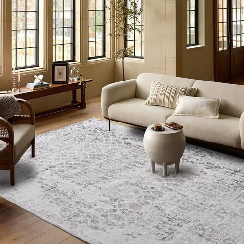 PONY DANCE Kurzflor Teppiche Wohnzimmer Boho 160x230cm Teppich Waschbar | Dünner, aber Weicher und Flauschiger, Waschbar in Waschmaschine, Modern, für Schlafzimmer Kinderzimmer Büro, Silbergrau