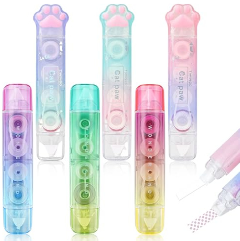 RETON 6 Pcs White Out Correction Tape, 2 in 1 Correction Tape and Double Sided Tape Roller, Cute Cat Paw Correction Tape Pen with Adhesive Glue Tape Roller Runner for School Office Scrapbook Supplies