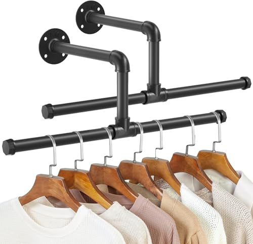 Urban Deco Industrierohr Kleiderstangen 2er Set, 54cm Abnehmbarer Wandkleiderständer für das Schlafzimmer, platzsparendes Wandregal, Eisen für Robustheit und Langlebigkeit, Vintage Style
