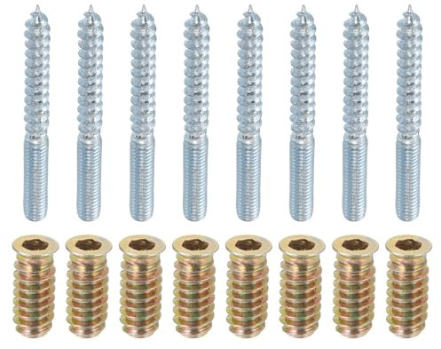 sourcing map M6x60mm Hanger Bolts, 8pcs 31mm Wood Dowel Screw Self-Tapping Screw with 8pcs M6x24mm Threaded Insert Nuts Interface Hex Socket Drive, for Joint Furniture Legs