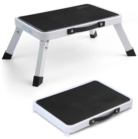 LIEKUMM Tritthocker Klappbar 18 cm Hoch, 150 kg Tragkraft Leichte Trittstufe Wohnmobil für Küche, Haushalt und Wohnwagen, Stahl Trittstufe mit Rutschfester Plattform und Gummifüßen, Weiß