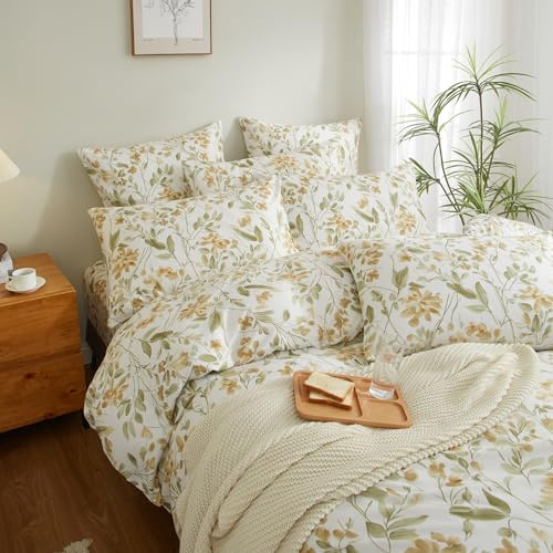 YASMENG Bettwäsche 135x200 Blumen Motiv Weiß Gelb Grün Floral Bettwäsche Aesthetic Blumen Weich Kuschelig Mikrofaser Bettbezug Set 2teilig mit Reißverschluss und 80x80 cm Kissenbezug
