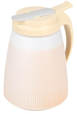 Restaurantware-Chef 101 48 Ounce All Purpose Syrup Dispenser, 1 Honey Dispenser - Beige Top, Stainless Steel Slide Cover, Plastic Pancake Syrup Bottle, Perfect For Diners, Restaurants, Home