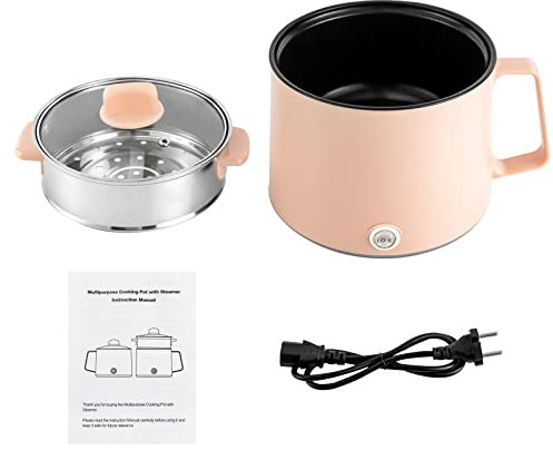 WEIGR Cacerola eléctrica olla caliente ramen de 600 W, olla de cocción antiadherente con cesta de vapor, sartén eléctrica portátil multifuncional para el hogar, la oficina y el dormitorio (rosa)