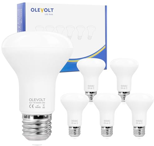OLEVOLT Lampadina LED E27 Dimmerabile Luce Bianca Fredda 6000K, 7W E27 LED Riflettore R63 Equivalenti a 70W, Lampade Riflettore LED Attacco E27, 6 Pezzi