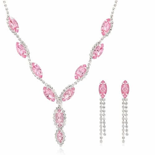 Faruodis Kristall Hochzeit Halskette Ohrringe Set Braut Strass Anhänger Halskette Sets Marquise Kette Schmuck für Frauen Damen (Rosa)