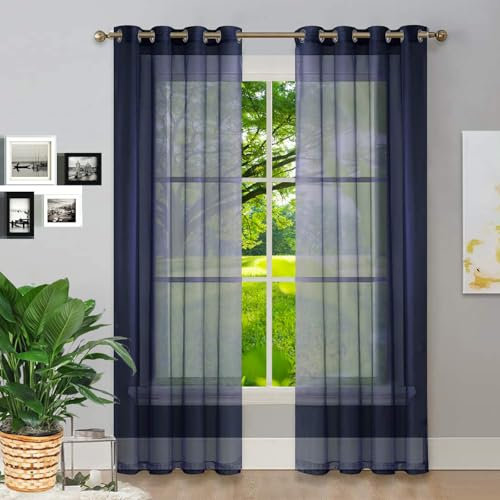 GAIFNAG Gardinen Gestreift Transparent 100 x 120 cm Transparent in Leinen-Optik Waschbar in Vielen Bunten Farben Fadengardine Fadenvorhang Fliegenvorhang für Hotels Büros Wohnzimmer, Dunkelblau