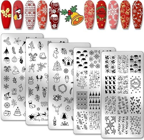 PH PandaHall 5pcs Christmas Nail Stamping Plate Snowman Reindeer Nails Art Stamping Snowflake Santa Claus Nail Stencils Bell Nails Print Stencils for Winter Manicure Salon Art Design