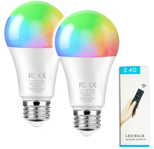 GRV E27 12W A60 control remoto de bombilla inteligente, RGBCW sin pasos 3000-6500K, Equivalente de lámpara incandescente de 100W, 1000LM CRI> 80, Decoración del hogar, 2 bombillas y control remoto