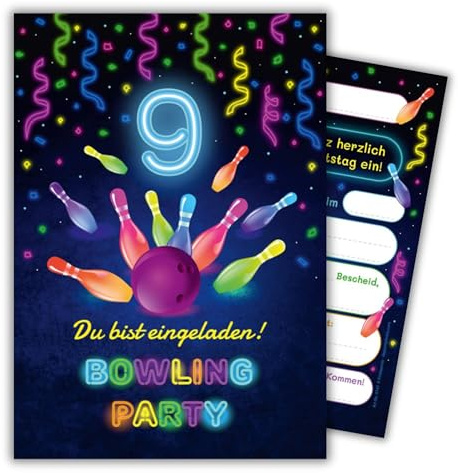 JuNa-Experten 12 Einladungskarten zum 9. Kindergeburtstag Bowling Kegeln Jungen Mädchen coole Einladungen neunte Geburtstag Mädchengeburtstag Jungsgeburtstag
