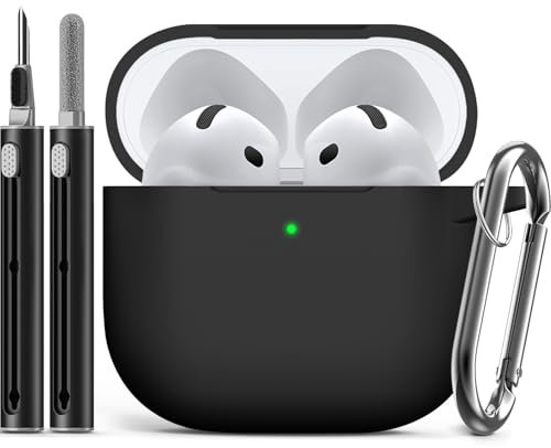 Ljusmicker for AirPods 4 Case 2024 with Cleaner Kit,Soft Silicone Protective Cover for Apple AirPods 4th Generation Cases for Women Men,Compatible with AirPod 4 Case Accessories with Keychain-Black