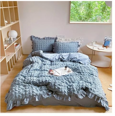 White/Blue Seersucker Textured Duvet Cover Set 100% Washed Cotton Feel Soft Comfortable Bed Sheet Pillowcases 4Pcs,Cotton Duvet