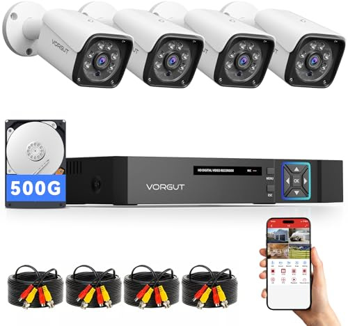 VORGUT Wired Security Camera System Outdoor, 4CH 5MP Lite AHD DVR with 500G Hard Drive, 4 x 3MP Wired CCTV Camera, Indoor/Outdoor Surveillance DVR Kit with Human Detection, Night Vision
