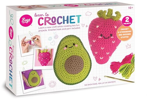 Boye 43-40235 Avocado and Strawberry Stuffie Learn to Crochet Kit for Beginners with 2 Projects, Multicolor, 15 Pieces