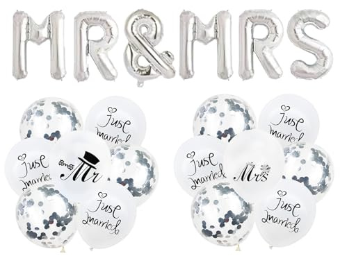 Koboko Luftballons Hochzeit, Hochzeitsdeko MR & MRS Foil Silber Ballons, Luftballon Hochzeit Deko Mr und Mrs, Helium Ballons Hochzeits Just Married Deko, Deko Hochzeitsballon für Verlobung, Jubiläum