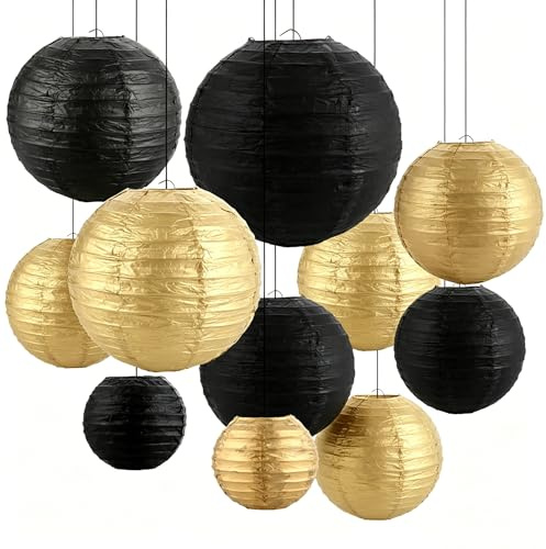 MIVIDE 16er Papierlaternen Set Schwarz Gold, Papierlampions Deko 10 15 20 25 cm, Lampenschirm Runde für Hochzeiten, Geburtstage, Partys und Veranstaltungen