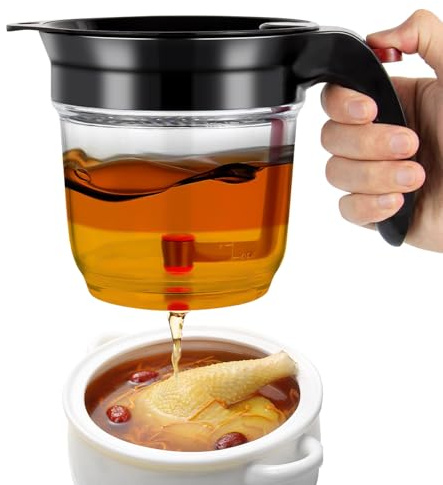 Fat Separator with Strainer and Bottom Release 33 oz Gravy Grease Separator, 4 Cup Gravy Separator for Cooking with Oil Strainer, Kitchen Grease Separator