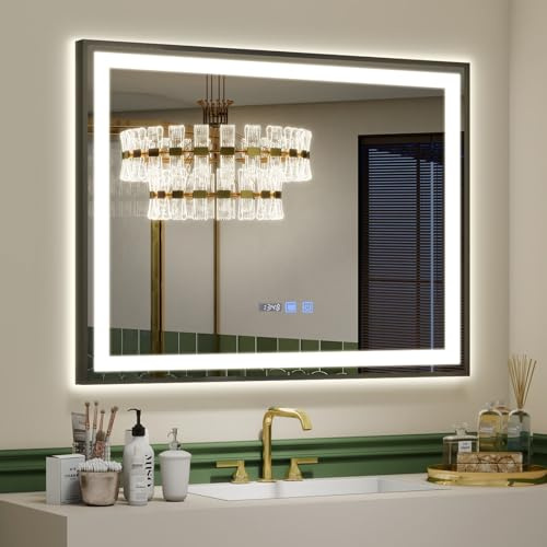 YU YUSING Badspiegel mit Beleuchtung 70x50cm Badezimmerspiegel LED Mit Uhr | Beschlagfrei, 3 Lichtfarbe Dimmbar, Wandspiegel Metallrahmen mit Touch-Schalter, LED Spiegel mit IP44, Vertikale Schwarz
