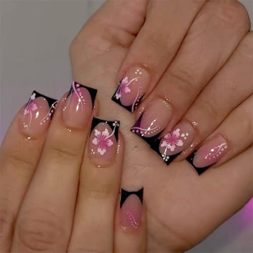 Nymora Nägel Zum Aufkleben – 24 Stück, Blumen Design, Kurze Quadratische Falsche Nägel, Mit Fruchtgummi und Werkzeugen, DIY Nagelkunst Set