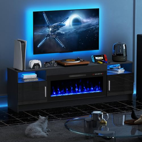 Quiniver 70 Electric Fireplace TV Stand With 36 Electric Fire Black | 750W/1500W heat,12 flame colours,20 LED hues,8H timer,overheat safety,large storage,gloss finish,UK plug,UKCA CE certified