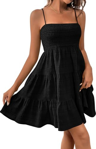 CFLONGE Womens Sleeveless Smocked Mini Dress Flowy Cute Summer Dresses Boho Spaghetti Strap Tiered A Line Casual Sundress(Black,Large)