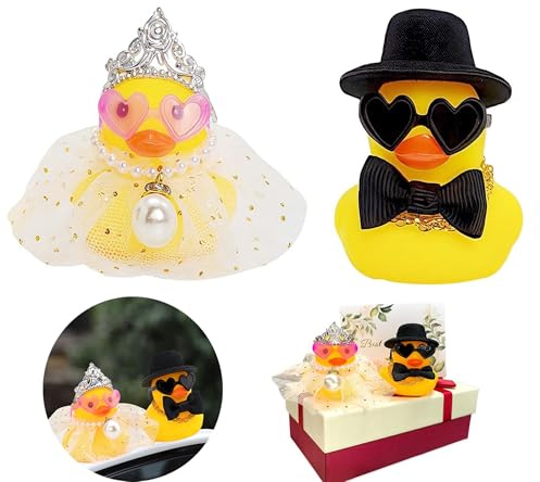 Yeenano Quietscheente Hochzeitspaar,2 PCS Braut und Bräutigam Gummiente, Mini-Paar-Ente mit Herzbrille Schleier Zylinder Hochzeitsenten für Hochzeitsdekoration Hochzeitsautodekoration Partydekoration