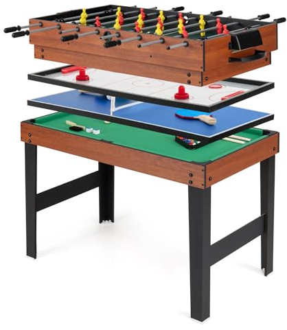 HOMASIS 4 in 1 Tavolo Multigioco con Calcio Balilla, Biliardo, Hockey e Ping Pong, Tavolo da Gioco in Legno per Bambini e Adulti con Accessori, Calcetto da per Casa, Bar, Ufficio (Naturale)