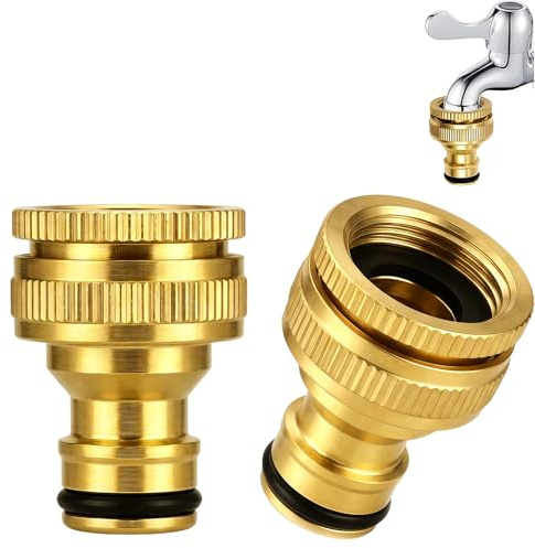 2 Pack Brass Hose Tap Connector 1/2 inch and 3/4 inch Outdoor Tap Adapter for Hose Pipe Metal Hose Connector Leak Proof Garden Watering Irrigation Hosepipe Fittings