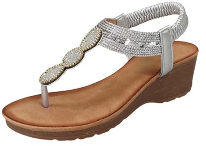 Generico Sandali Boho con decorazioni di perle d'acqua, plateau, suola spessa, separatori per le dita, stile infradito, calzature estive per un resort rilassato (Silver, 41)