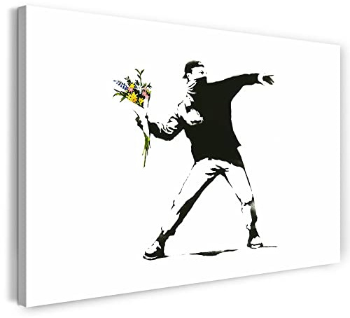 Printed Paintings Leinwand (100x70cm): Banksy - Autonomer wirft mit Blumenstrauß statt Molotow